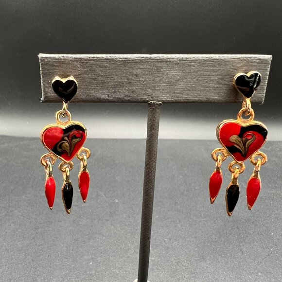 Heart Dangle Pierced Earrings Red and Black Enamel with Gold Tone Accent Drops - Picture 1 of 8